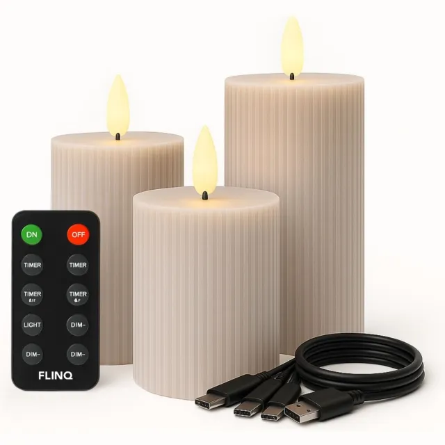 Flinq Oplaadbare LED Kaarsen met Bewegende Vlam Ribbed - Inclusief Afstandsbediening met Timer en Dimfunctie - Nep Kaarsen met Flikkerende Vlam - Dinerkaarsen Oplaadbaar - 3 stuks Licht taupe