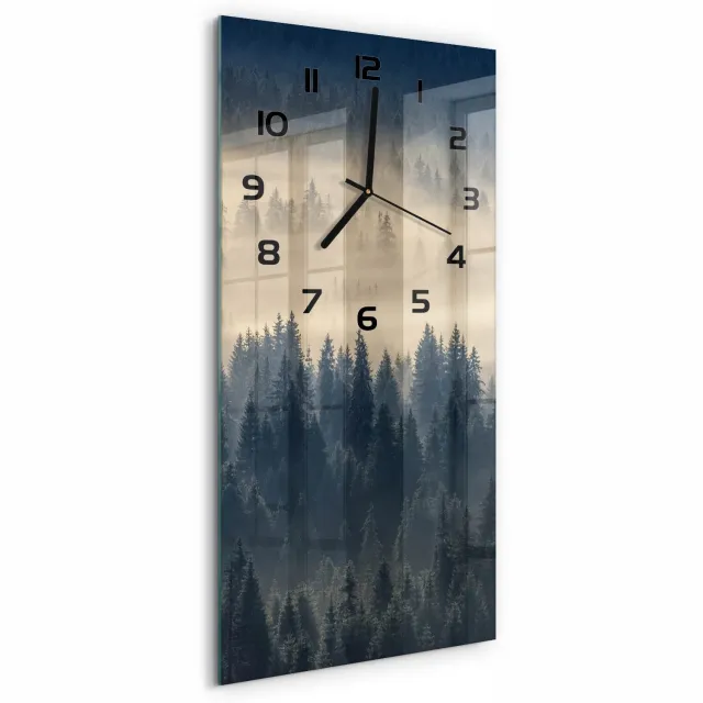 TULUP Wandklok - Mist boven het bos Klok Glas Met Opdruk - 30x60 cm - Grijs Moderne Wandklok Glas - Zwarte handen - Rechthoekige Klok - Decoratieve Glazen Klok - Glazen Wandklok Design