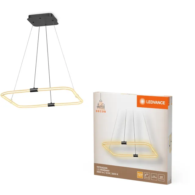 LEDVANCE Decor Tetragon hanglamp van gebogen polycarbonaat met LED en filamentontwerp, 18 W, 2000 lm, 3000 K, 830 warm wit, click dimbaar, donkergrijs, kunststof (PC)