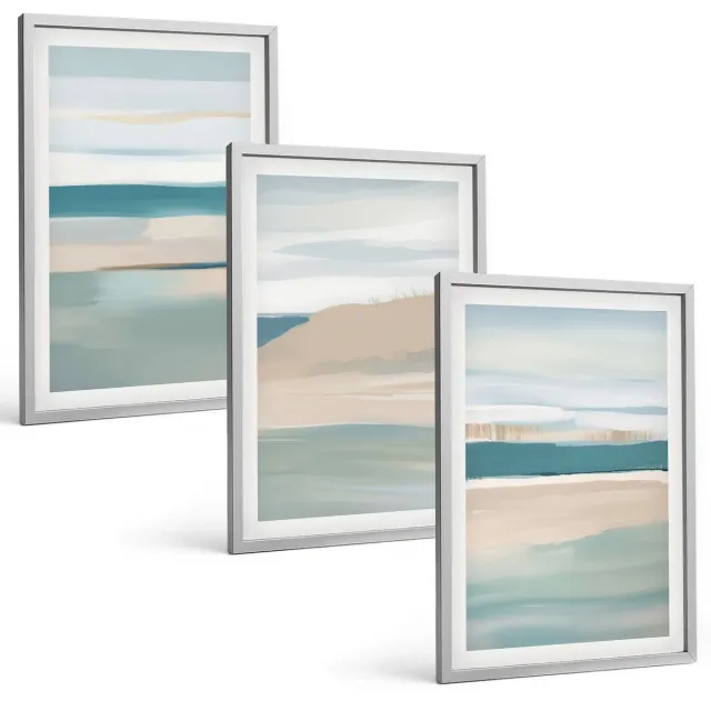 Coloray 3-Delige Schilderij Set - Abstracte Landschappen In Tinten Blauw En Beige. - 40 x 60 cm - Moderne Wanddecoratie - Slaapkamer - Woonkamer Decoratie Zilveren lijst