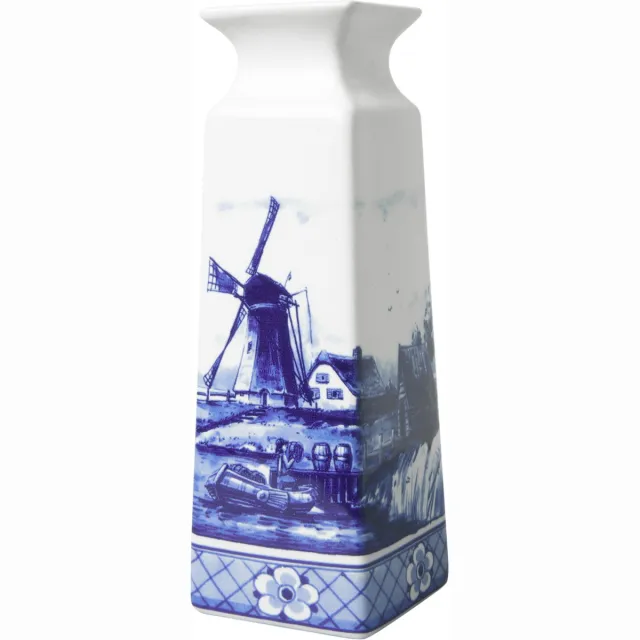Heinen Delfts Blauw Vaas Molen - Vierkant - Keramiek - 22 cm Delfts blauw