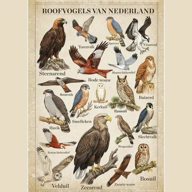 Kleurmedia Vintage Poster Roofvogels van Nederland - 43 x 61 cm - Kleurmedia® Retro Botanische Collectie 2026 - Posters met Nederlandse Benamingen A2