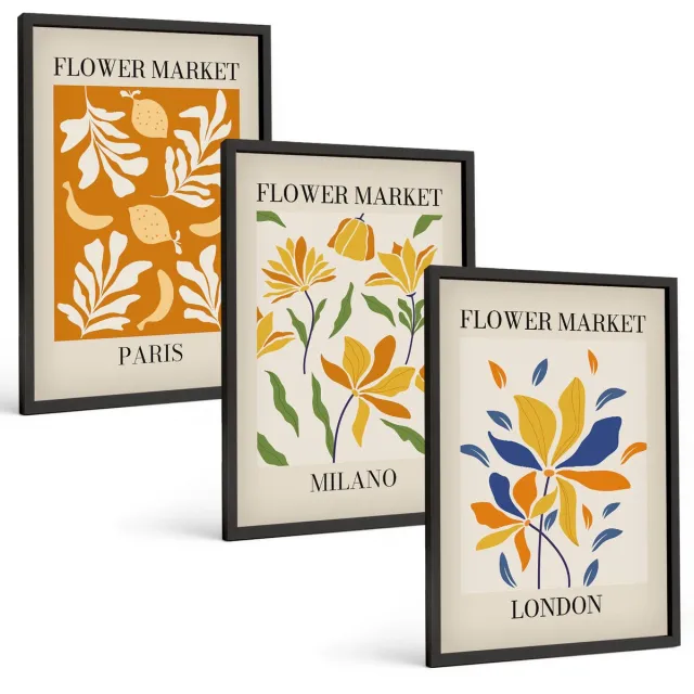 Coloray 3-Delige Schilderij Set - Bloemenposters Parijs Milaan Londen - 40 x 60 cm - Schilderijen Set - Wanddecoratie - Woonkamer - Stijlvolle Muurdecoratie Zwarte lijst