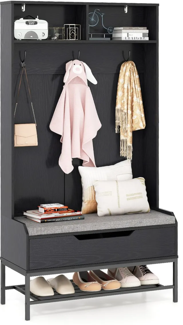 Costway Kapstok met zitbank, 4-in-1 garderobe met open vakken, schoenenkast en 3 haken, kledingstandaard met zitkussen, halgarderobe voor ingang, woonkamer, 90 x 38,5 x 170 cm zwart