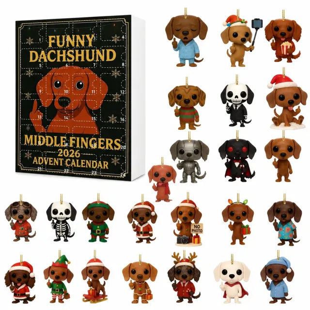 SWGOTA Teckel-adventskalender 2026 met hangdecoraties - 24 genummerde vakjes - kerstfiguren in grappige poses - 26 x 18 x 3 cm Zwart
