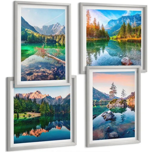 TULUP 4-Delige Schilderij Set - Bergmeren met water en omringende natuurlandschappen - 40 x 40 cm en 40 x 60 cm - Moderne Wanddecoratie - Woonkamer - Muurdecoratie Zilveren lijst