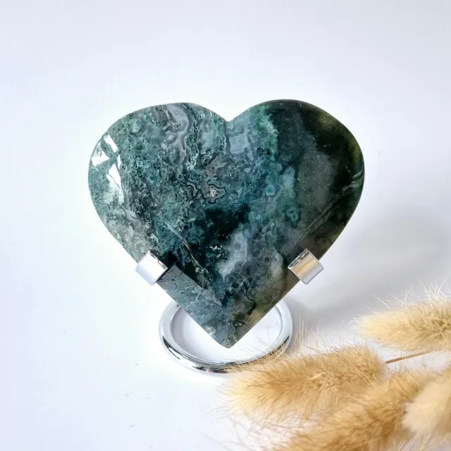 Moonlight Gemstones Edelsteen Grote Druzy Mosagaat Hart op Metalen Standaard – #58 188gram