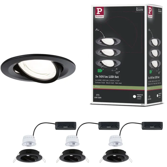 Paulmann LED-inbouwlamp Nova Coin Set van 3 rond 84 mm 50° 3x2,8W 3x505lm 230V 4000K Zwart mat