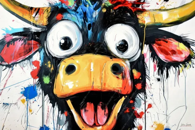 John Joseb Art (Aluminium) 60x40 | De blije koe, stier, humor, kleurrijk, abstract, portret, kunst | dier, rood, blauw, geel, modern | foto-schilderij op dibond, metaal wanddecoratie Aluminium, dikte 3 mm
