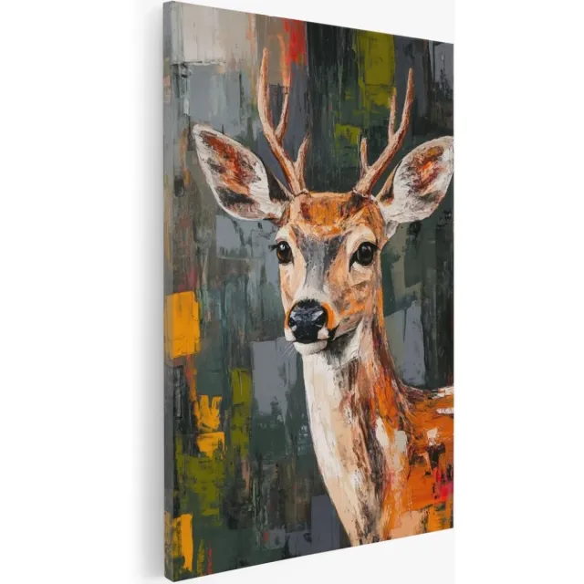 Saammp Canvas Schilderij - Hert - penseelstreken - Abstract - Dieren - Natuur - 30x40 - Foto op canvas - Wanddecoratie - Muurdecoratie Woonkamer - Slaapkamer decoratie - Canvas Print Multicolor
