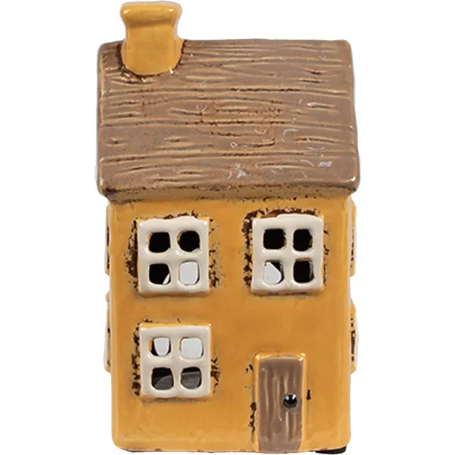 Clayre & Eef Waxinelichthouder Huis 9x9x15 cm Geel Bruin Keramiek