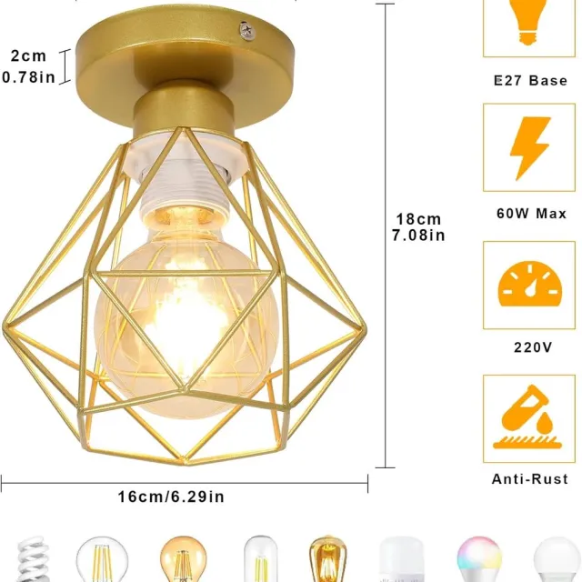Haobosic Plafonnier Industriel Vintage E27 Lustre Luminaire Métal Cage Suspension Rétro éclairage Plafond en Fer Noir pour Salon Cuisine Chambre Bar Or 2PC Golden