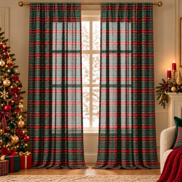 Qelus 2 Stuks Kerstgordijnen - Lichtdoorlatende Vitrage met Schots Ruitpatroon - Met Tunnelzoom en Verborgen Lussen - Kant-en-klare Raamdecoratie voor Woonkamer, Slaapkamer en Eetkamer - Groen - 132 x 244 cm