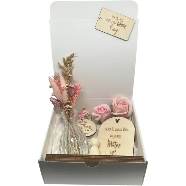 Stars 4 you Geschenkbox Wil jij mijn METER zijn? | roze | vaasje droobloemen | zeeproosjes | droogbloemen | meter vragen | meter worden | peettante vragen | peettante worden | cadeau | doosje met een vraag