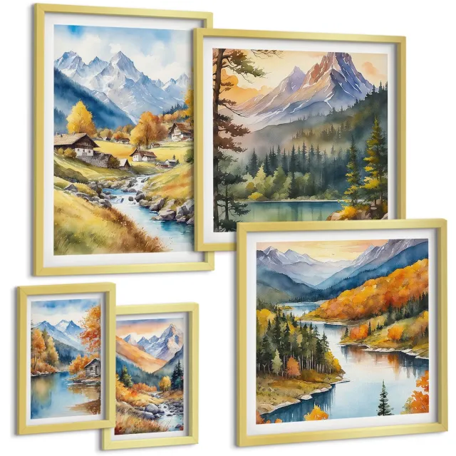 TULUP 5-Delige Schilderij Set - Berglandschappen met pittoreske valleien en rivieren - 50 x 50 cm, 20 x 30 cm en 40 x 60 cm - Schilderijen Set - Wanddecoratie - Woonkamer - Moderne Wanddecoratie Gouden lijst