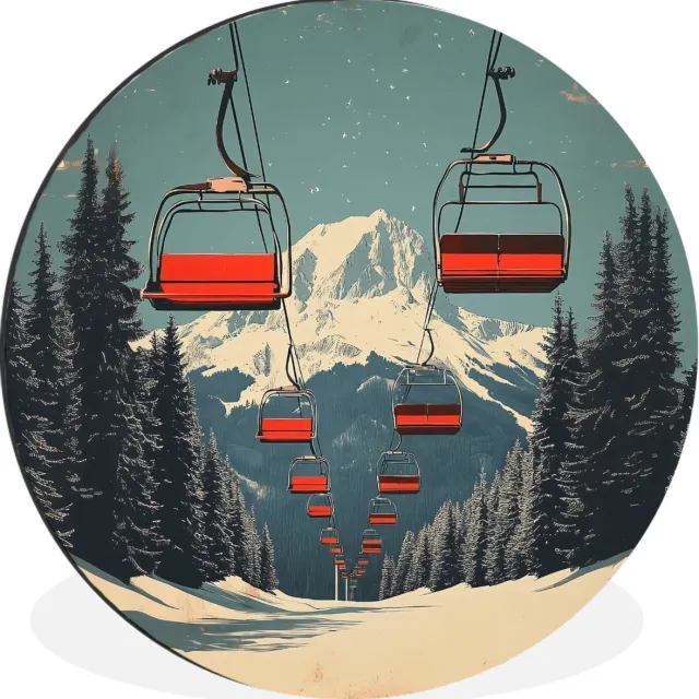 WallCircle Wandcirkel - Muurcirkel - Sneeuw - Skilift - Rood - Bomen - Aluminium - Dibond - 90x90 cm - Binnen en Buiten Skilift - Bergen - Sneeuw
