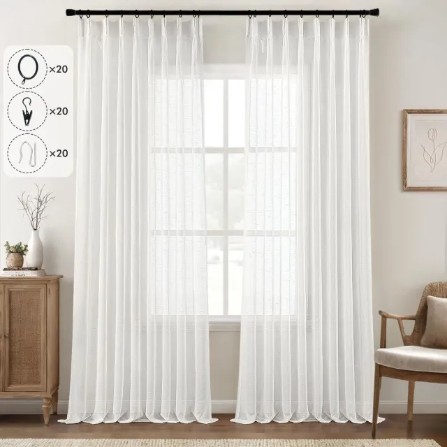 Ibenzoa Gordijnen met linnenlook en knijpplooien voor stijlvolle lichtfiltering in woonkamer en slaapkamer wit