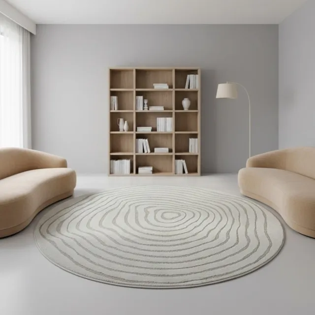 TapisTrend Designer tapijt Grijs 160 cm rond Modern rond vloerkleed met verhoogde concentrische organische lijnen voor woonkamer en slaapkamer