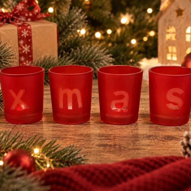 Miko XMAS Waxinelichthouders Rood – Set van 4 – Kerst Theelichthouders – Glazen Windlichten