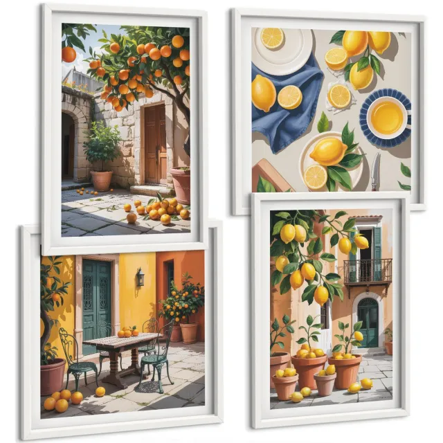 Coloray 4-Delige Schilderij Set - Citrusvruchten In Een Zonnige Tuinscène - 40 x 40 En 40 x 60 - Muurdecoratie - Wanddecoratie - Slaapkamer - Interieur Decoratie Witte lijst