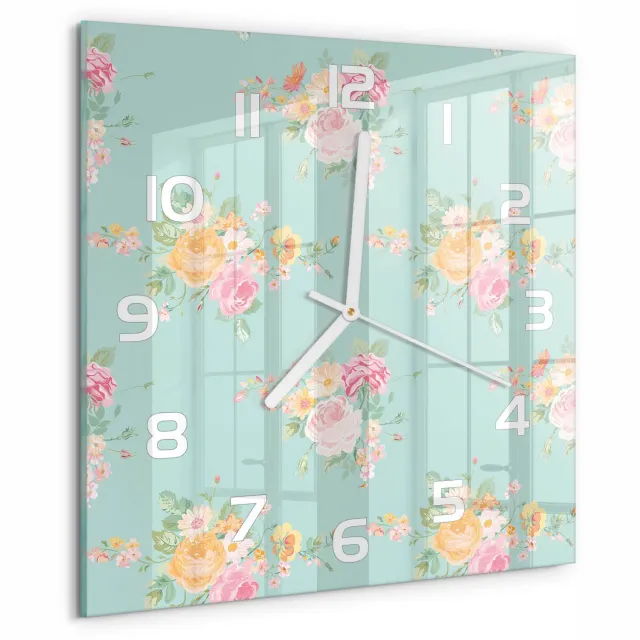 TULUP Wandklok - Bloemenpatroon Glazen Klok Met Print - 30x30 cm - Veelkleurig Wandklok Glas Met Motief - Witte handen - Vierkante Klok - Wandklok Glas Decoratie - Gekleurde Glazen Klok
