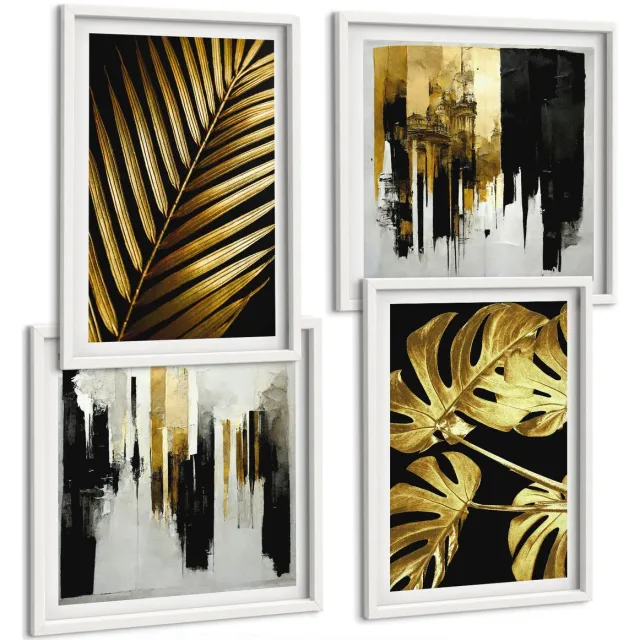 TULUP 4-Delige Schilderij Set - Palmbladeren Monsterabladeren Elegante Abstracte - 40x40 en 40x60 - Moderne Wanddecoratie - Woonkamer - Decoratieve Schilderijen Witte lijst