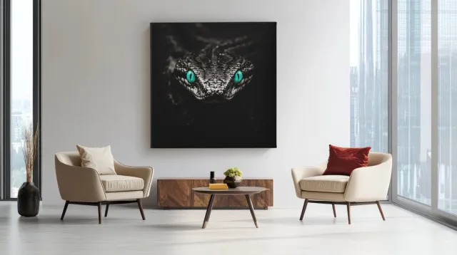 Trendex Global Vierkant Canvas Schilderij Slang met Groene Ogen - Donkere Kunst - Moderne Luxe Wanddecoratie - 100 x 100 cm Zwart