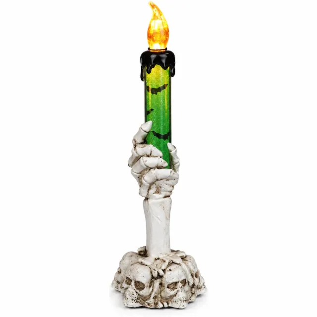 SWGOTA led kaarsen voor Halloween - groot groen model met skelethand, warm amberkleurig licht, vleermuismotieven en schedelvoet