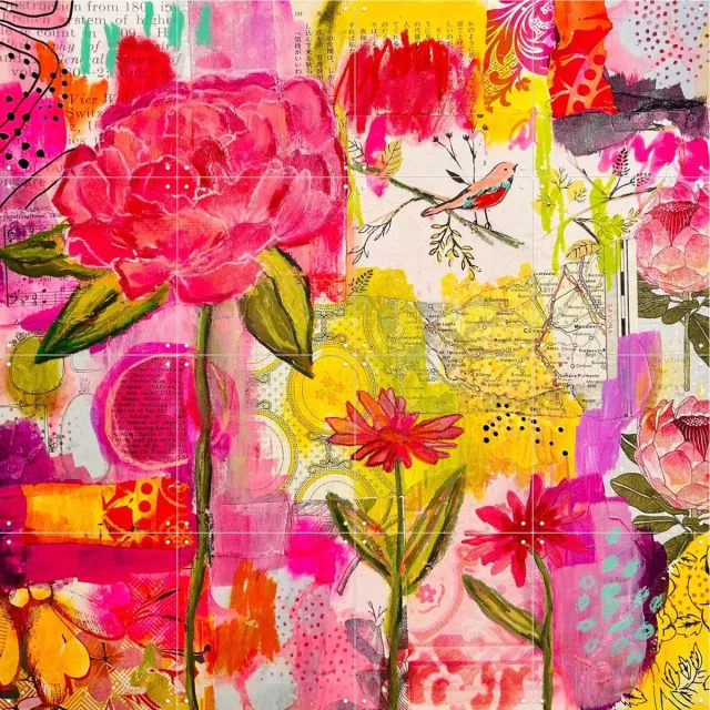 IXXI Summer, Yvette Fanciulli - 80 x 80 cm - Grote wanddecoratie en posters - Kleurrijk, Speels, Gemengde Technieken, Fantasierijk, Gang, Woonkamer Roze / Geel