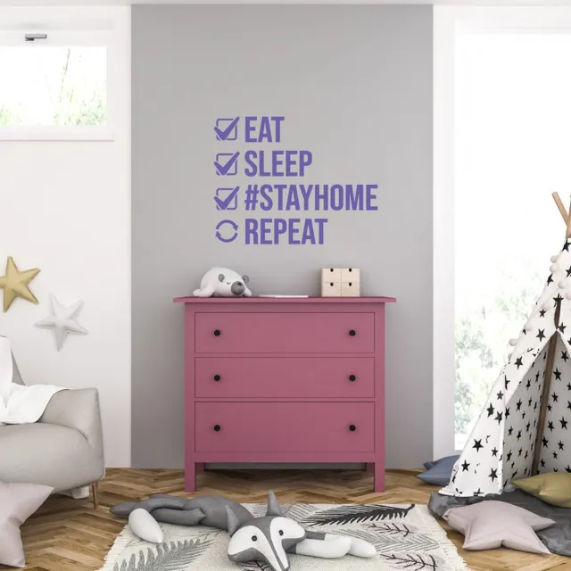 MC Living Muursticker - Eat Sleep Stayhome Repeat - 58 x 74 - Paars