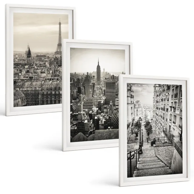 Coloray 3-Delige Schilderij Set - Stadsgezichten Parijs New York En Charmante Trappen - 40 x 60 - Decoratieve Schilderijen - Wanddecoratie - Hal - Woonkamer Decoratie Witte lijst