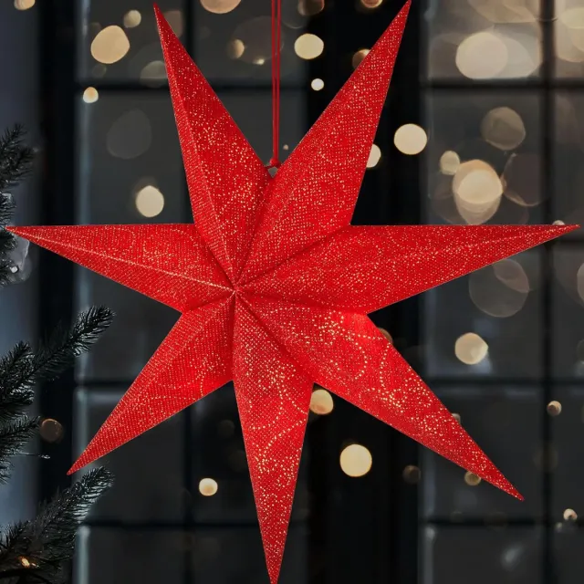 Brubaker 60 cm Kerstster voor Binnen - LED Adventsster Ophangen - Lichtster om op te Hangen voor Raamdecoratie en Kerstdecoratie - Verlichtbaar met Kerstbatterij - 3D Papieren Sterdecoratie - Rood Rood Patroon fijn