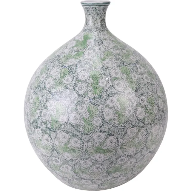 Fine Asianliving Chinese Vaas Porselein Groen Bloesems Handgeschilderd D36xH44cm Groen, Wit
