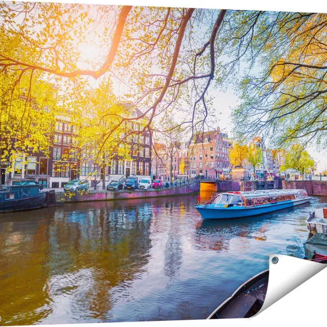 Gards Tuinposter Amsterdamse Gracht tijdens het Voorjaar - 100x80 cm - Tuindoek - Tuindecoratie - Wanddecoratie buiten - Tuinschilderij Multikleur