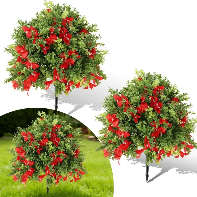 Triumpunpre Set van 2 Kunstmatige Bomen met Grondpen – Bolvormige Buxusboom met Rode Bougainvillea Bloemen – Kunstplant voor Buiten 60 cm – Onderhoudsvrij – Tuin, Terras & Entree rood