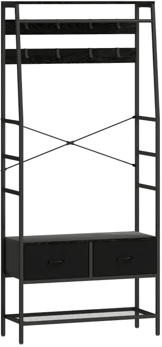 ZYLARO Kapstok - Met Schoenenrek - Industrieel Design Kledingrek - 2 Stoffen Lades - 8 Haken - Metalen Frame - Zwart