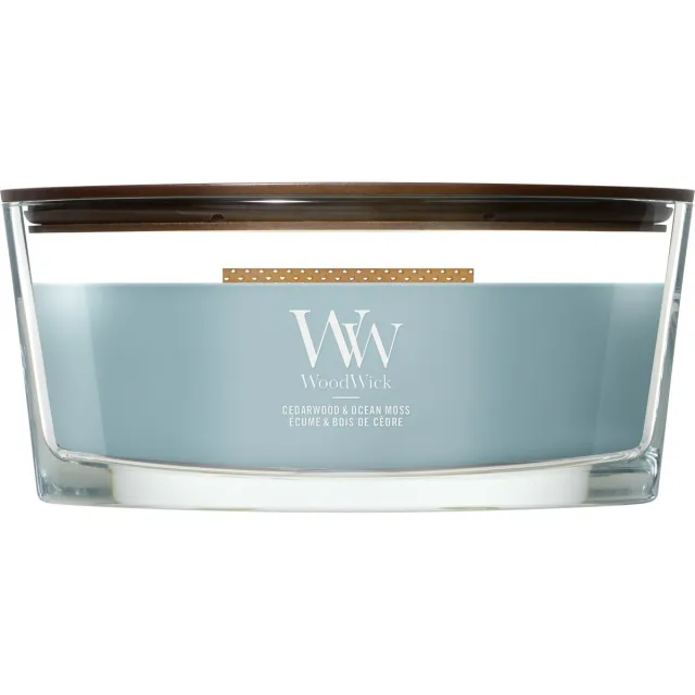 Woodwick Hearthwick - Cedarwood & Ocean Moss - Ellipse Geurkaars - 50 branduren Blauw