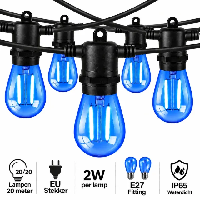Wantohave Lichtsnoer Feestverlichting Buiten - 20 Meter - 20 LED Filament Lampen - E27 Fitting - 2W - Blauw - IP65