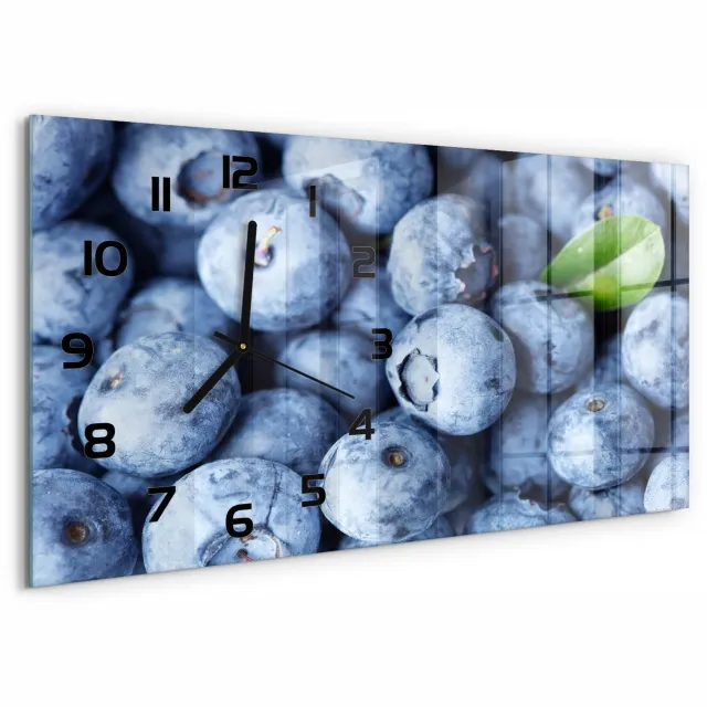 TULUP Wandklok - Bosbessen Decoratieve Glazen Klok - 60x30 cm - Blauw Glazen Wandklok Design - Zwarte handen - Rechthoekige Klok - Glazen Klok Met Print - Wandklok Glas Met Motief