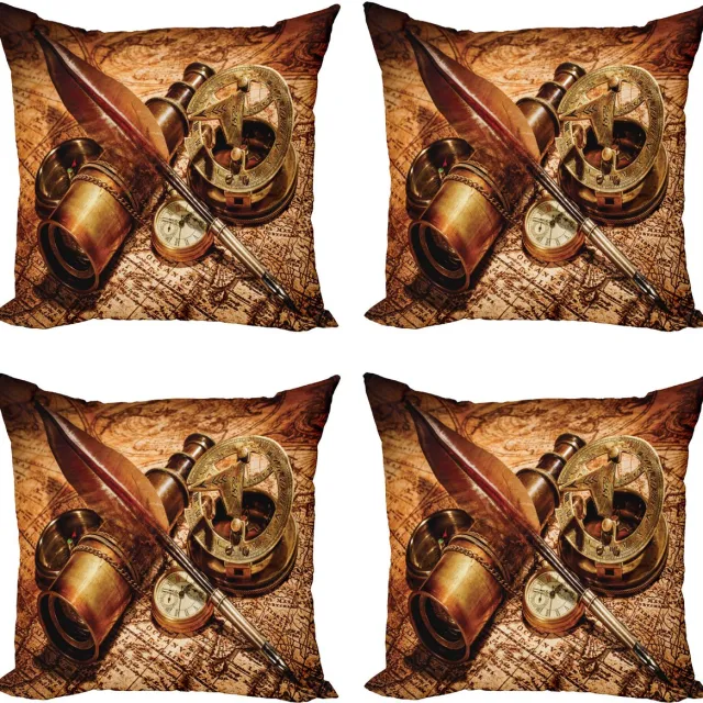 ABAKUHAUS Bruin Sierkussen Kussenhoes 4er Set, Compass Goose Quill Pen, Modern Accent Dubbelzijdige Digitale Print, 45 x 45 cm, Oranje Bruin