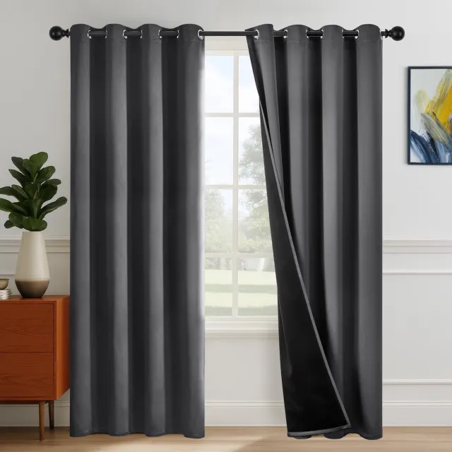 Famanu 100% Verduisterende gordijnen met gaten, thermische woonkamer gordijnen, geluidsisolatie en hittebescherming, 140 x 260 cm, donkergrijs, set van 2 panelen