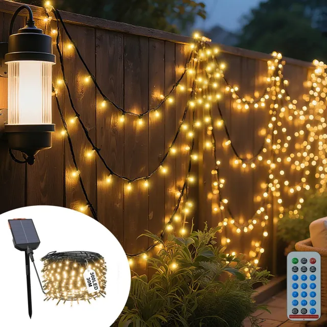 LZQ Solar LED Lichtenketting 30m 300LED Warmwit Buiten Met Afstandsbediening, 13 Modi, Timer & Opslagfunctie, IP44 Waterdicht, Solar Kerstverlichting Voor Tuin, Huwelijk, Kerstmis