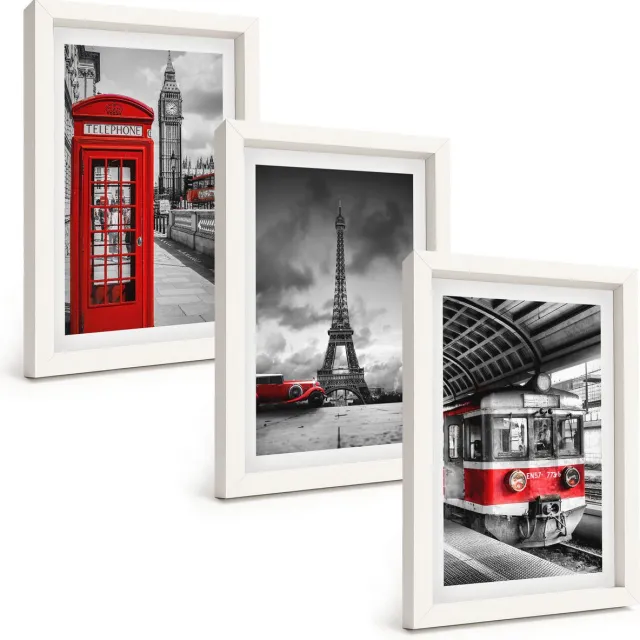 TULUP 3-Delige Schilderij Set - Iconische steden: Londen, Parijs en het spoorvervoer - 20x30 - Stijlvolle Muurdecoratie - Slaapkamer Witte lijst