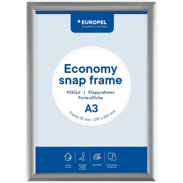 Europel Economy Kliklijst – Posterlijst – A3 – 42 x 29,7 cm – 25mm – Aluminium – Zilver