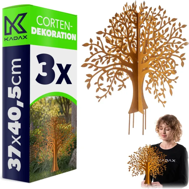 KADAX tuinpinnen in de vorm van een boom van cortenstaal, 3 stuks, tuinversiering van patineerend staal om in de grond te steken, metalen pinnen met roestlook voor in de tuin, weerbestendige metalen decoratie, roestpinnen Bruin