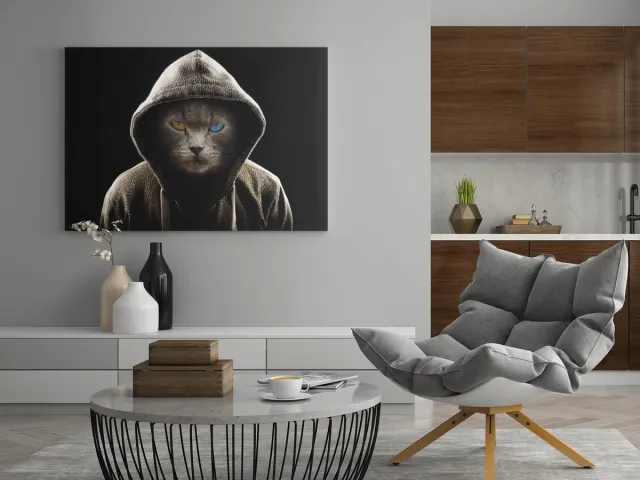 Trendex Global Canvas Schilderij Dieren - Cool kat - Wanddecoratie - 90x60x2 cm Zwart