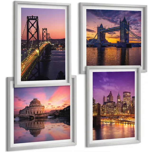 Coloray 4-Delige Schilderij Set - Bruggen Bij Zonsondergang En Stedelijke Landschappen - 40 x 40 cm En 40 x 60 cm - Muurdecoratie - Wanddecoratie - Slaapkamer - Decoratieve Schilderijen Zilveren lijst