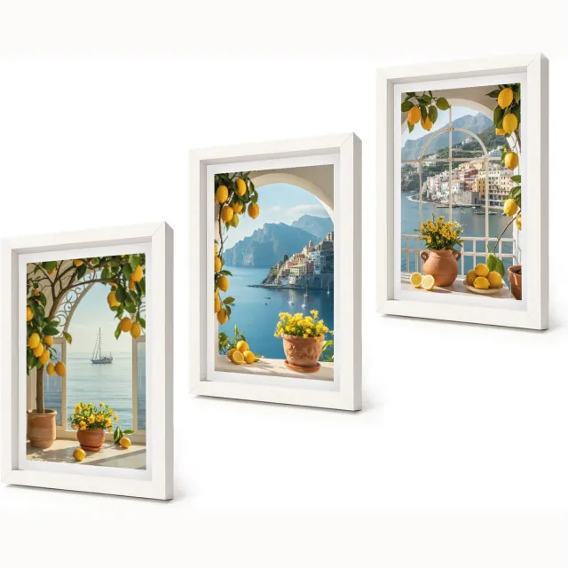 Coloray 3-Delige Schilderij Set - Citroenen en bloemen in potten in een kustplaats - 20x30 - Wanddecoratie - Schilderijen Set - Kantoor - Stijlvolle Muurdecoratie Witte lijst