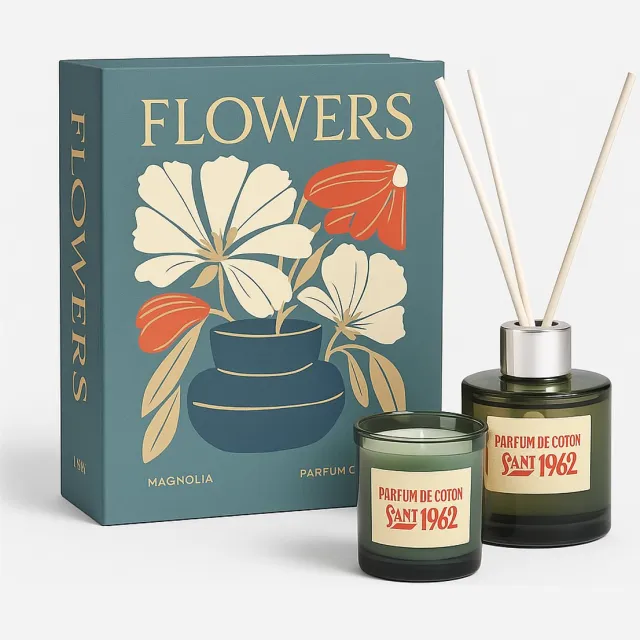 WDMT Geurkaarsen Giftbox – Luxe Cadeauset met Geurkaars & Geurstokjes – Magnolia & Fleur de Coton – Geurset in Boekverpakking – Stijlvol Interieur Cadeau – Blauw – Flowers Collectie – Blauw