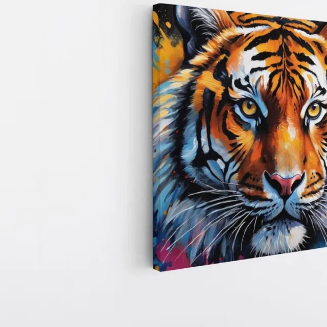 Saammp Canvas Schilderij - Kleurrijke Tijger - Verfspetters - Dieren - Abstract - 30x30 - Foto op canvas - Wanddecoratie - muurdecoratie Woonkamer - Slaapkamer decoratie - Canvas Print Multicolor
